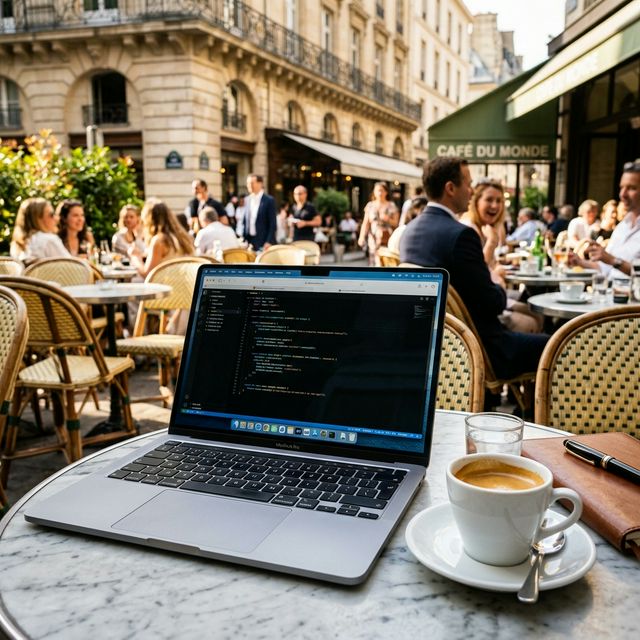 Coding at a Parisian cafe